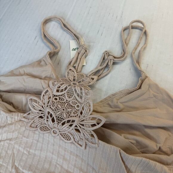 Aerie Ribbed Crop Top Bralette Sandalwood Lace Back Strappy NWT Medium - Picture 5 of 7